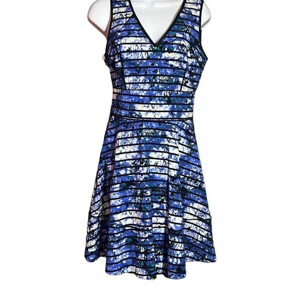 Banana Republic Women's Sleeveless Floral Stripes Blue Black Fit & Flare Dress 6
